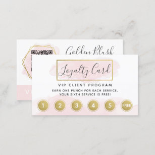 Blush Pink Watercolor Gold Loyalty Punch Stamp QR Business Card