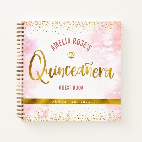 Blush Pink Watercolor Gold Quinceaera Guest Book