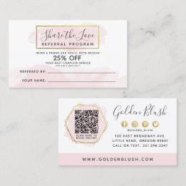 Blush Pink Watercolor & Gold Referral Program QR Business Card