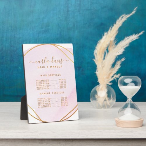 Custom Price Menus 8 Blush Pink Watercolor Gold Salon Price Menu Plaque