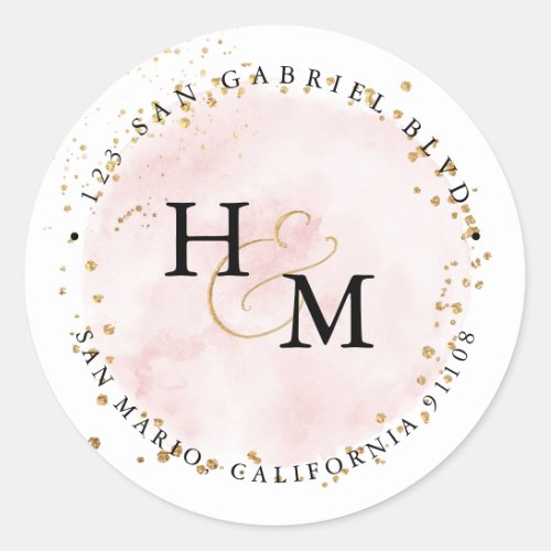 Blush Pink Watercolor Gold Script Ampersand    Classic Round Sticker