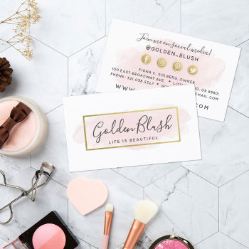 Blush Pink Watercolor & Gold Social Media Network Business Card by CyanSkyDesign at Zazzle