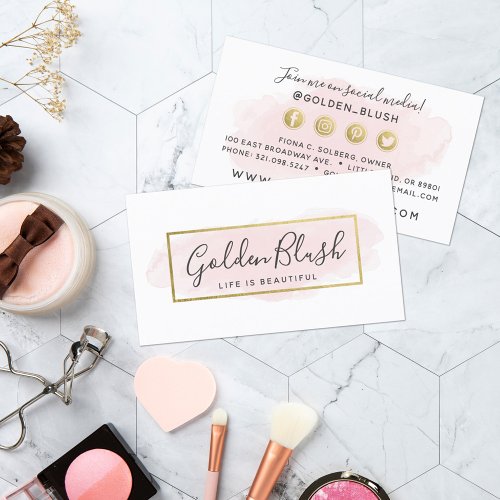 Blush Pink Watercolor  Gold Social Media Network Business Card