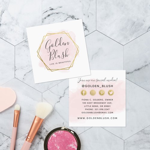 Blush Pink Watercolor  Gold Social Media Network Square Business Card