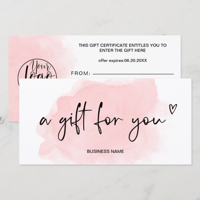 blush pink watercolor heart logo gift certificate (Front/Back)