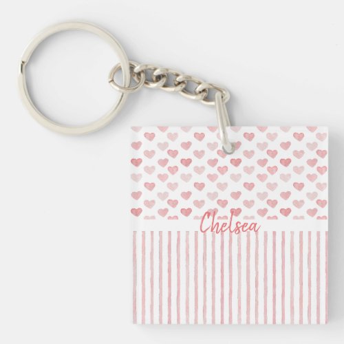 Blush Pink Watercolor Hearts and Stripes Pattern Keychain