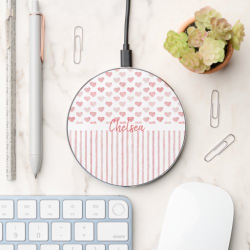 Blush Pink Watercolor Hearts and Stripes Pattern Wireless Charger