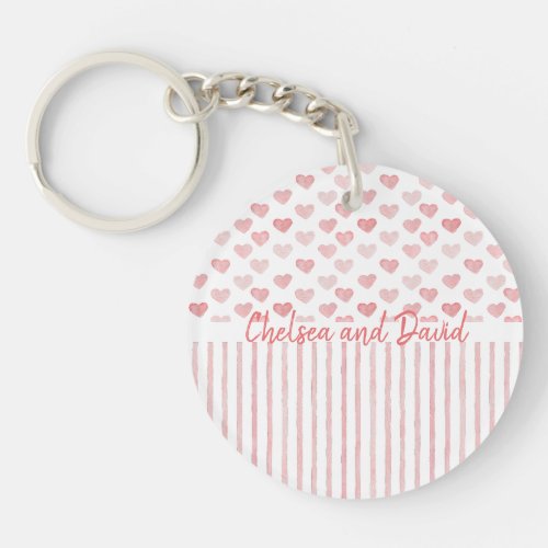 Blush Pink Watercolor Hearts and Stripes Photo Keychain