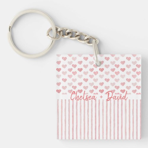 Blush Pink Watercolor Hearts and Stripes Photo Keychain