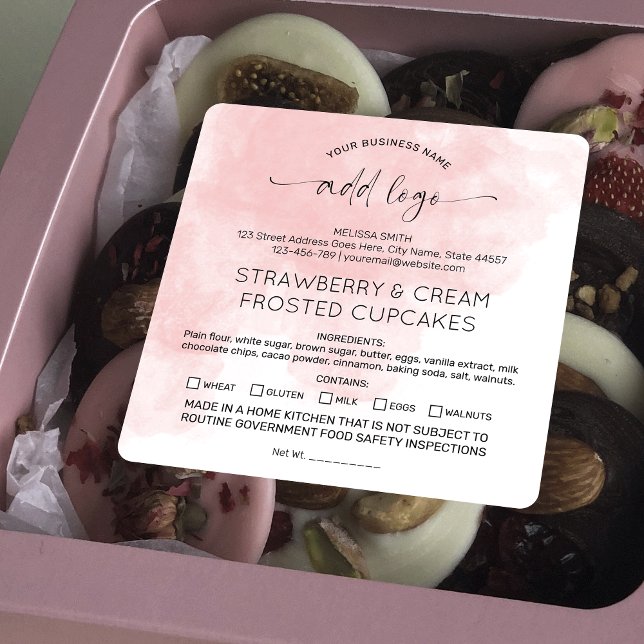 Blush Pink Watercolor Home Bakery Food Ingredients Square Sticker (Pale pink watercolor made in a home kitchen stickers with space for your logo)