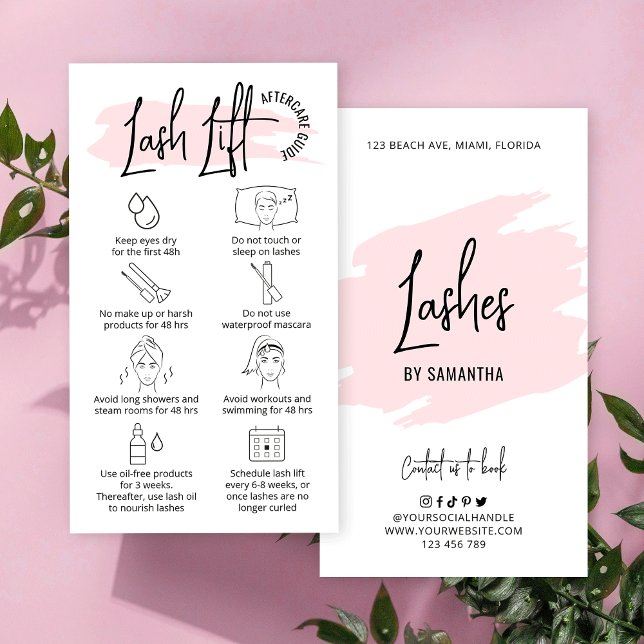 Blush Pink Watercolor Lash Lift & Tint Aftercare Business Card (Fully editable lash lift and tint care cards with customizable watercolor background and care icons)