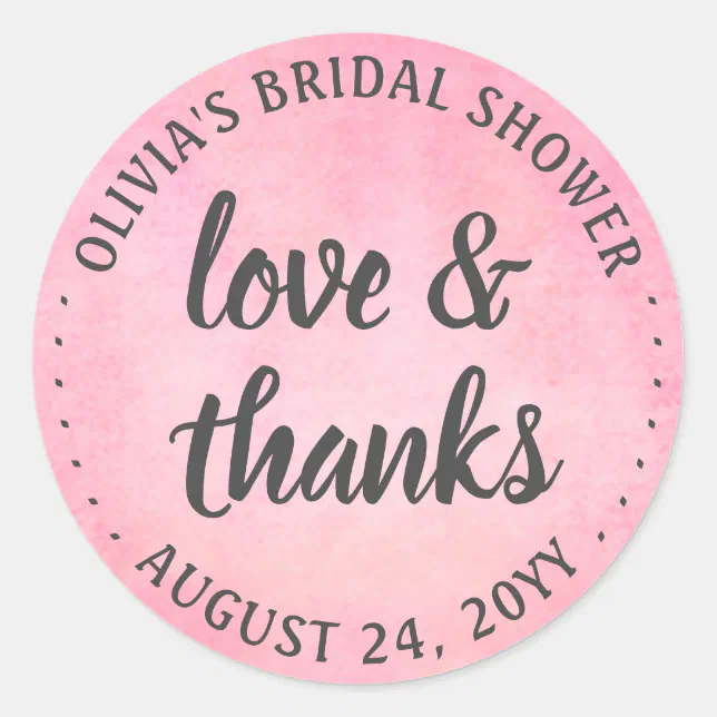 Blush Pink Watercolor Love And Thanks Bridal Shower Classic Round Sticker Zazzle