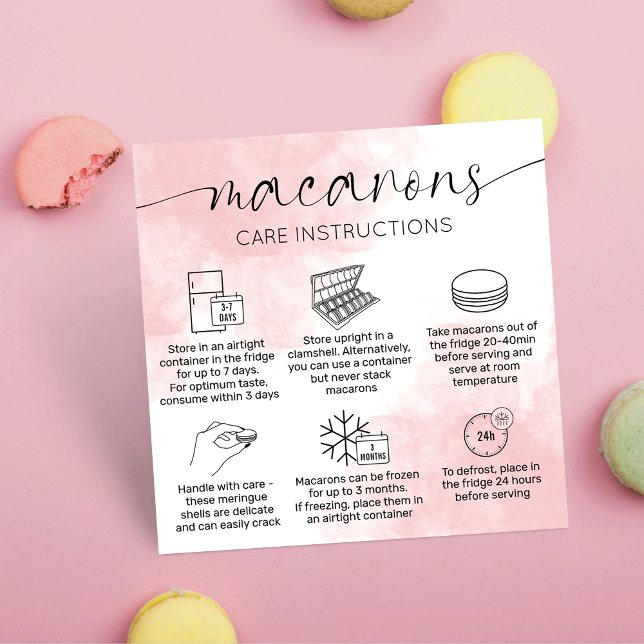 Blush Pink Watercolor Macarons Care Instructions Square Business Card (Blush pink watercolor macarons care instructions cards with macaron care icons)