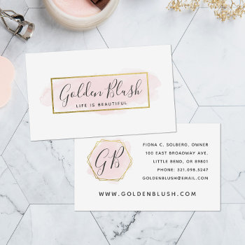 Blush Pink Watercolor & Modern Gold Geometric Chic Business Card by CyanSkyDesign at Zazzle