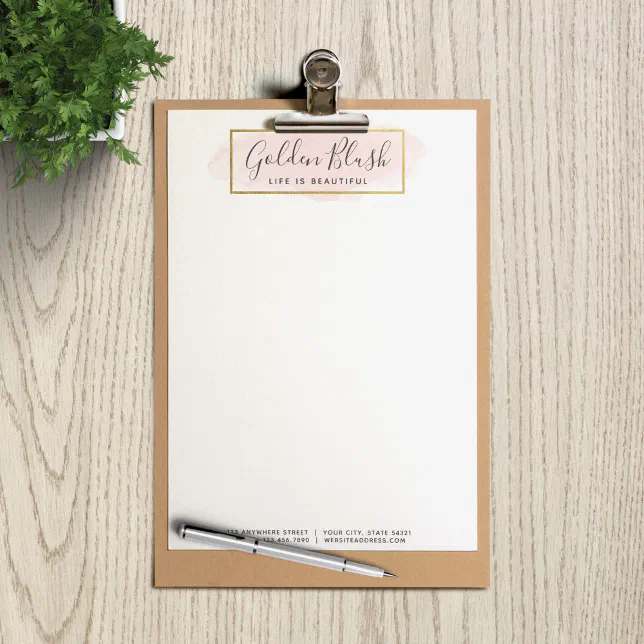Blush Pink Watercolor & Modern Gold Geometric Chic Letterhead | Zazzle