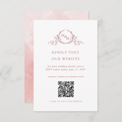 Blush Pink Watercolor Monogram QR CodeRSVP Online Enclosure Card