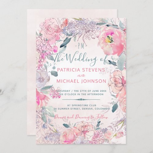 Blush pink watercolor monogrammed garden wedding invitation