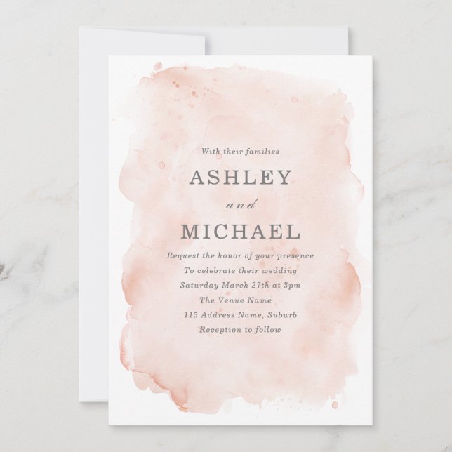 Blush Pink Watercolor Paint Splash Wedding Invitation (Front)