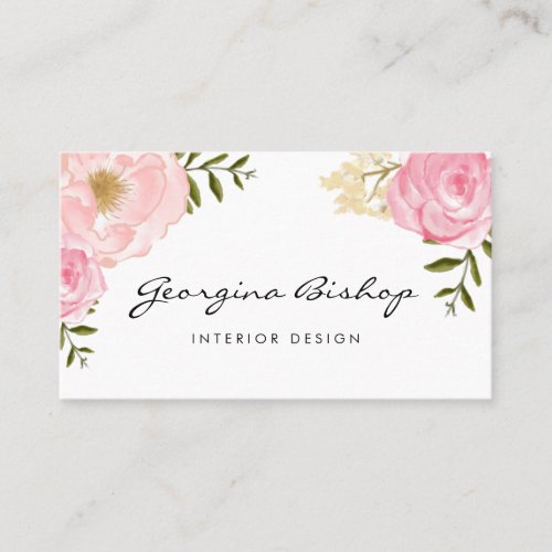 Blush Pink Watercolor Peonies and Roses Script Business Card