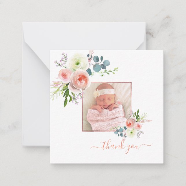 Blush Pink Watercolor Peonies Baby Thank You Note Card (Front)