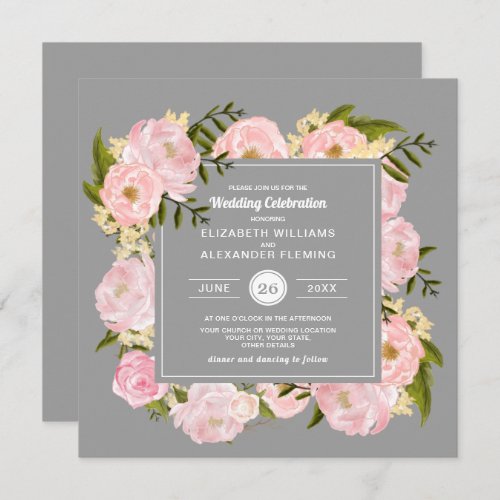 Blush Pink Watercolor Peonies Gray Wedding Invitation