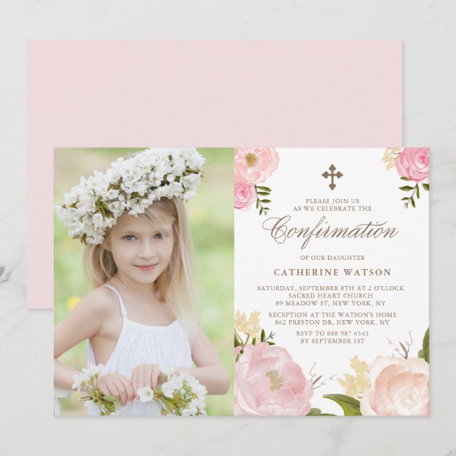 Blush Pink Watercolor Peonies Photo Confirmation Invitation (Front/Back)