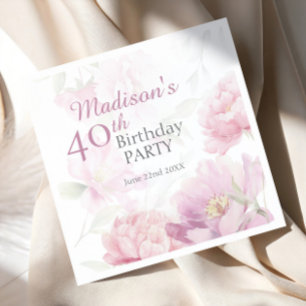 Blush Pink Watercolor Peony 40th Birthday Napkins