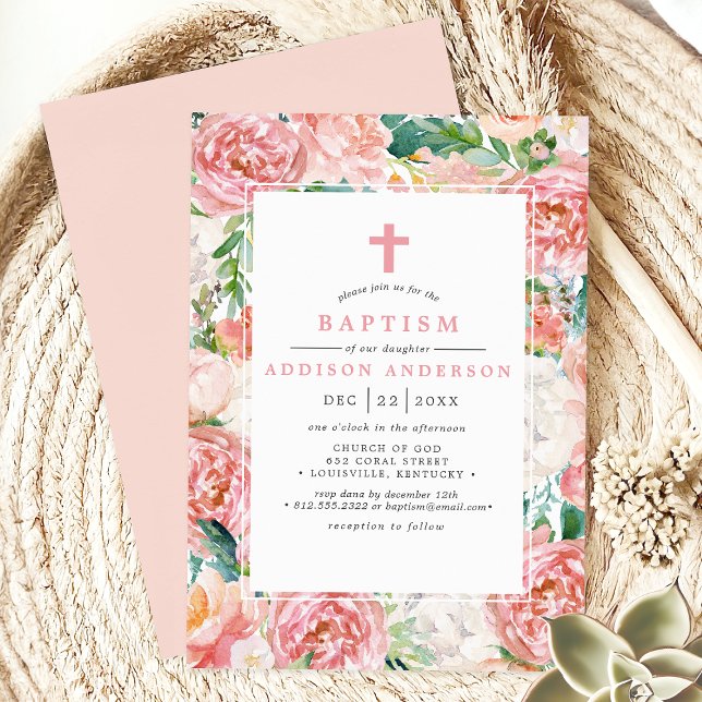 Blush Pink Watercolor Peony Rose Floral Baptism Invitation (Creator Uploaded)