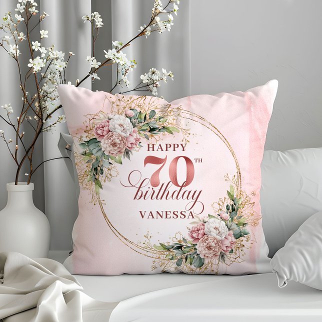 Blush Pink Watercolor Pillow with Gold Frame 70th  (Blush Pink Watercolor Pillow with Gold Frame 70th Birthday Pillow)