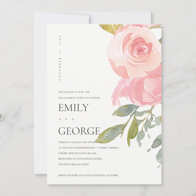 BLUSH PINK WATERCOLOR ROSE FLORA ENGAGEMENT INVITE (Front)