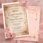 Blush Pink Watercolor Rose Gold Quinceanera Invitation<br><div class="desc">Elegant blush pink rose gold quinceanera invitations that can be personalized for your sweet 15/16 birthday party on an DIY easy template! The fairy tale design depicts pink and gold butterfly confetti and watercolor roses illustrated by the artist Raphaela Wilson. The luxurious scrolled gown dresses border and vintage parchment paper...</div>