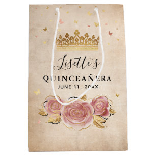 Blush Pink Watercolor Rose Gold Quinceanera Medium Gift Bag