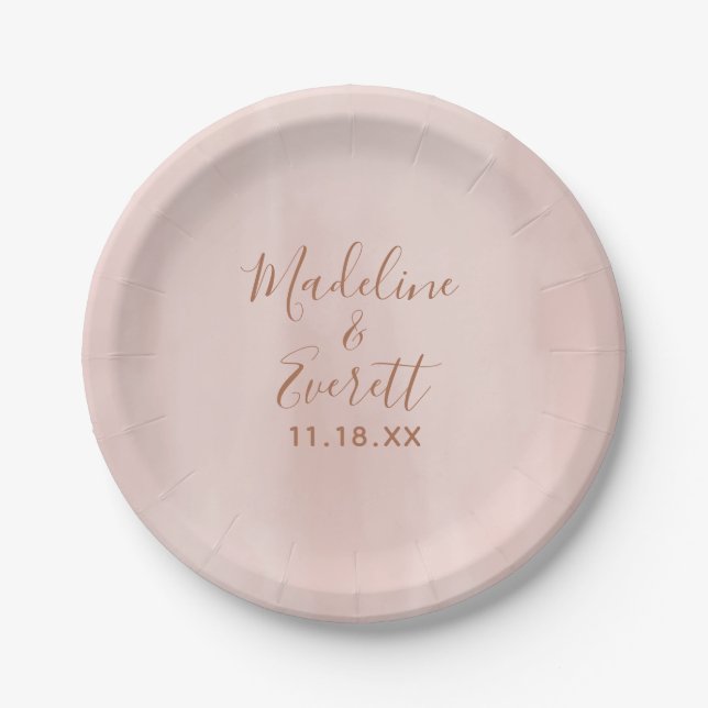 Blush Pink Watercolor & Rose Gold Wedding Monogram Paper Plates (Front)