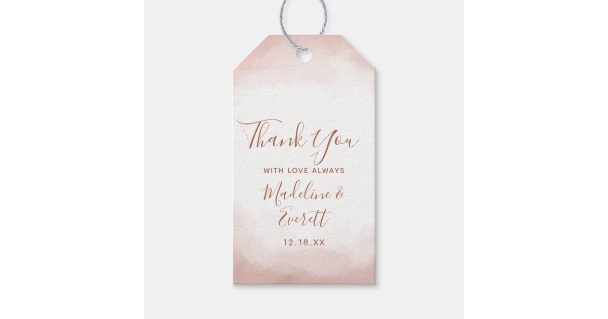 Blush Pink Watercolor Rose Gold Wedding Thank You Gift Tags | Zazzle