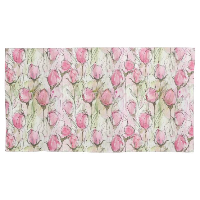 Blush Pink Watercolor Rosebuds Pillow Case (Front-Left)