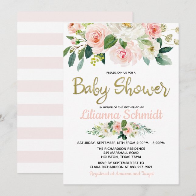 Blush Pink Watercolor Roses Baby Shower Invitation (Front/Back)