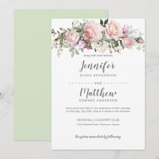 Blush Pink Watercolor Roses Bouquet Wedding Invitation