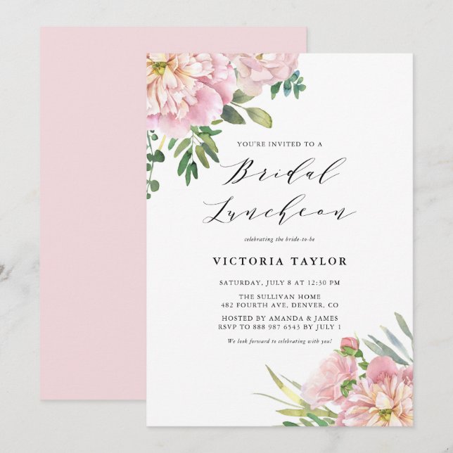Blush Pink Watercolor Roses Floral Bridal Luncheon Invitation (Front/Back)