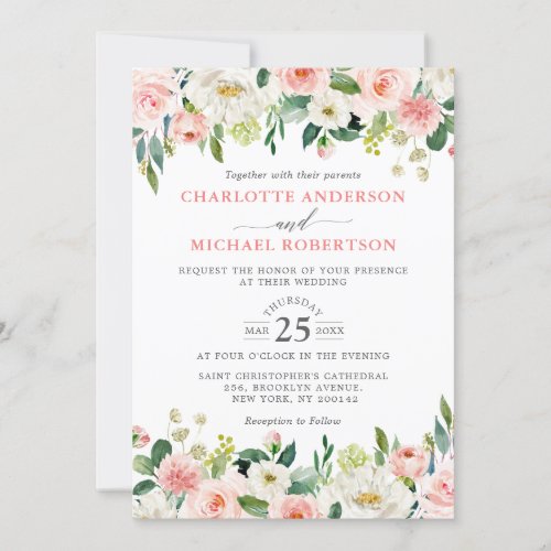 Blush Pink Watercolor Roses Floral Wedding Invitation