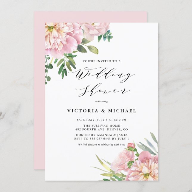 Blush Pink Watercolor Roses Floral Wedding Shower Invitation (Front/Back)