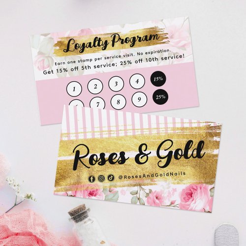 Blush Pink Watercolor Roses  Gold Loyalty Stamp Business Card
