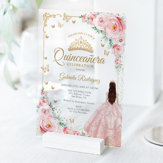 Blush Pink Watercolor Roses Gold Quinceanera Acrylic Invitations (Creator Uploaded)