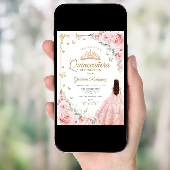 Blush Pink Watercolor Roses Gold Quinceanera Invitation (Front Digital)