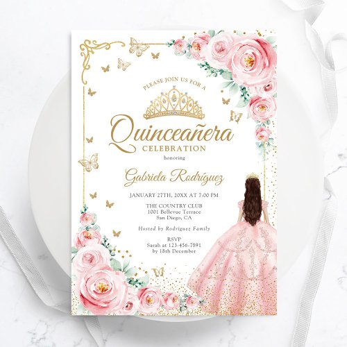 Blush Pink Watercolor Roses Gold Quinceanera Invitation