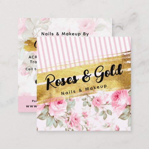 Blush Pink Watercolor Roses  Gold Shabby Chic Square Business Card