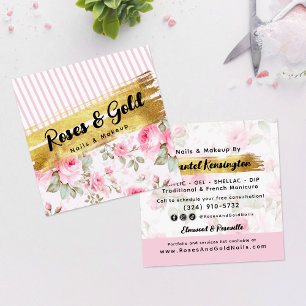 Blush Pink Watercolor Roses & Gold Shabby Chic Square Business Card