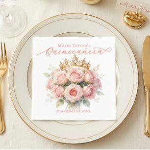 Blush Pink Watercolor Roses Gold Tiara Quinceañera Napkins
