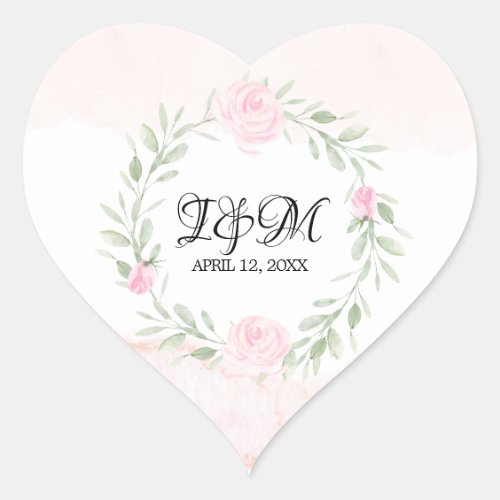 Blush Pink Watercolor Roses Monogrammed Wedding Heart Sticker