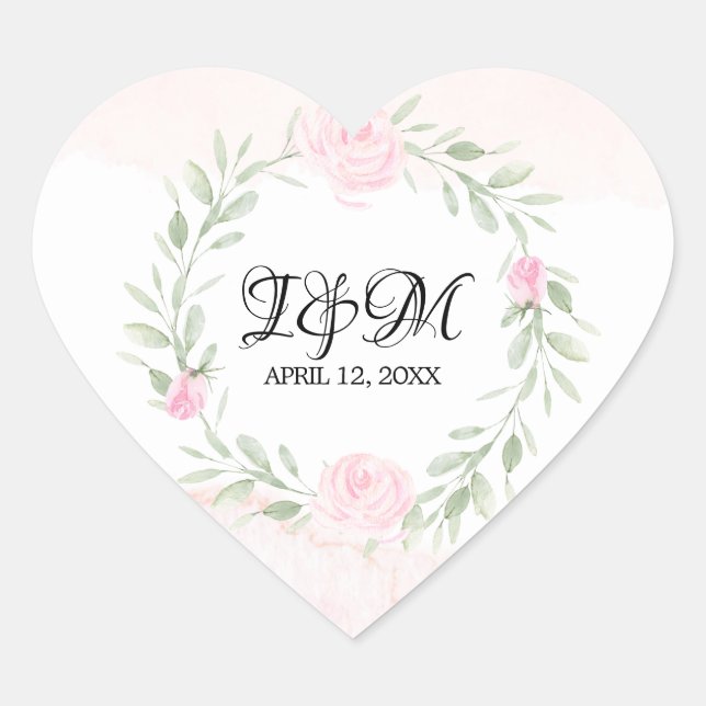 Blush Pink Watercolor Roses Monogrammed Wedding Heart Sticker (Front)