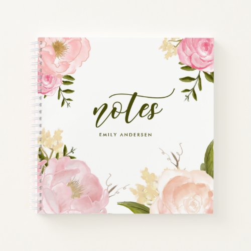 Blush Pink Watercolor Roses  Peonies Personalized Notebook